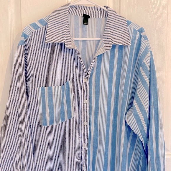 Large Wild Fabe Women's Blue Striped V Neck Button Down Loose Casual Top - Picture 2 of 6